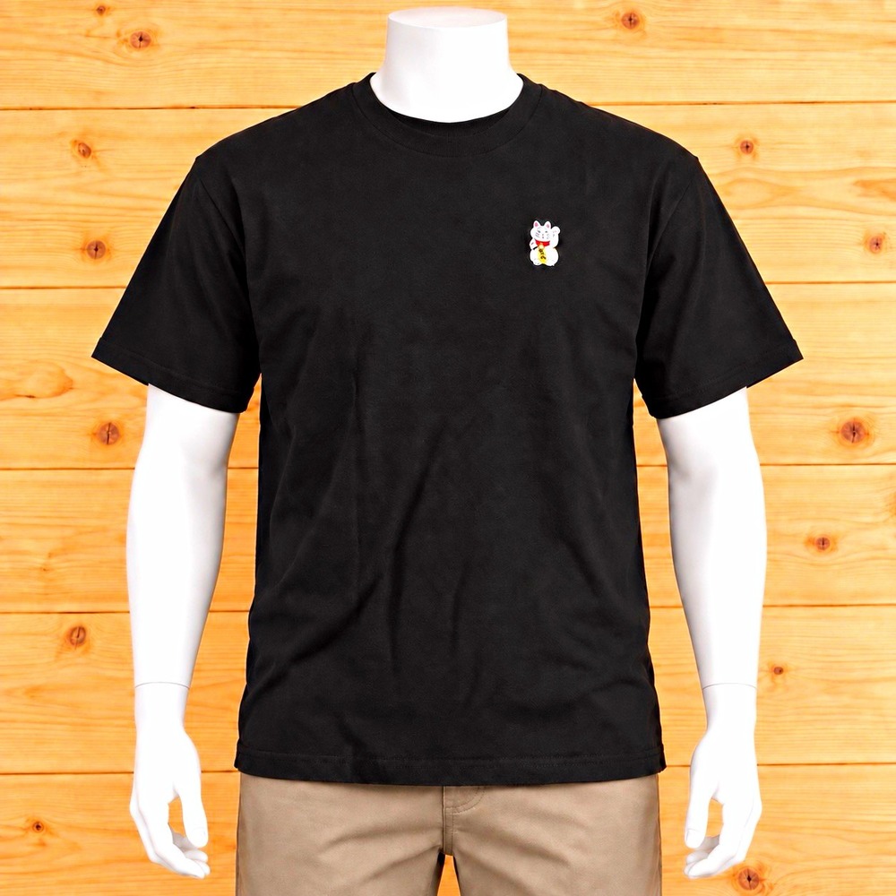 DSLO Men's Black Crew Neck Short Sleeve T-Shirt Embroidered Maneki-neko M [B]